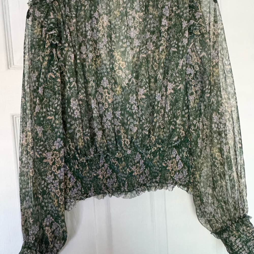 Free People Green Floral Sheer Peasant Blouse